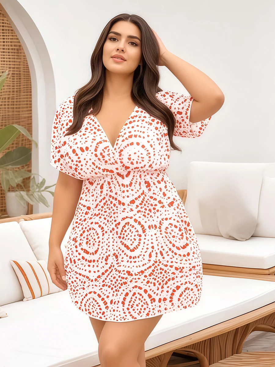 Women s Floral Print V Neck Short Sleeve Beach Cover Up Dress Plus Size Bikini Cover Up with Stylish Pattern
