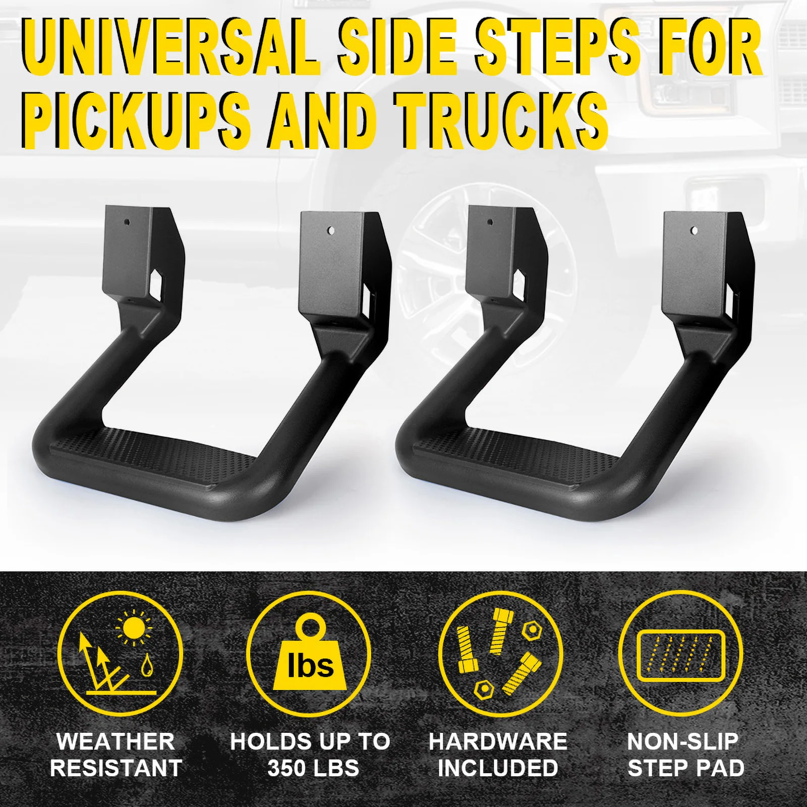 Universal Aluminum Side Steps Nerf Bars For Truck/SUV/Pickup – Black, 2-Piece Set With Hardware