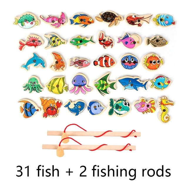 Magnetic Fishing Game Cartoon Marine Life Cognition Fish Rod Early Education Parent-child Interactive Wooden Toys For Children 2