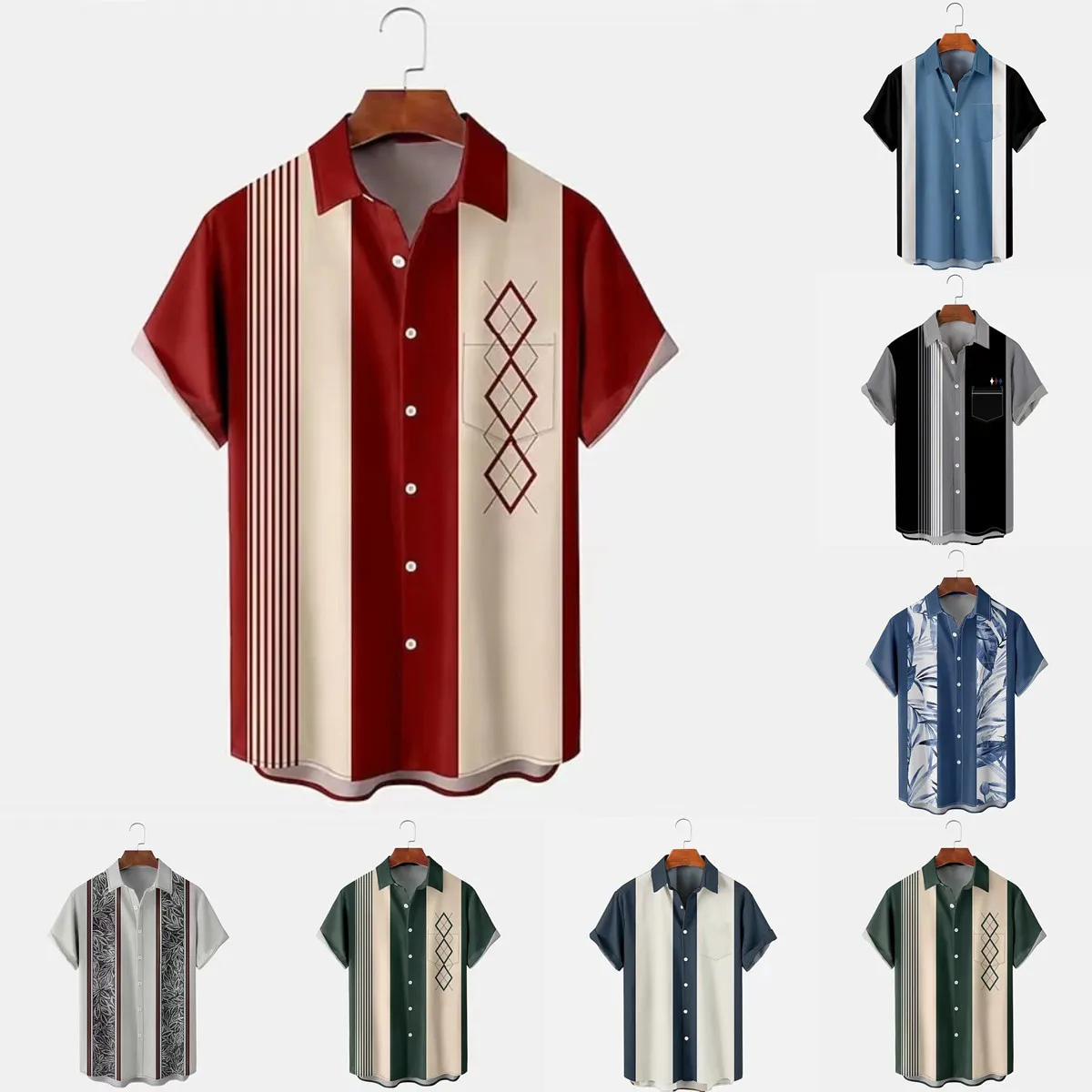 Summer clothes fashion four-sided elastic men's shirt striped patchwork color casual lapel street short-sleeved male teen top