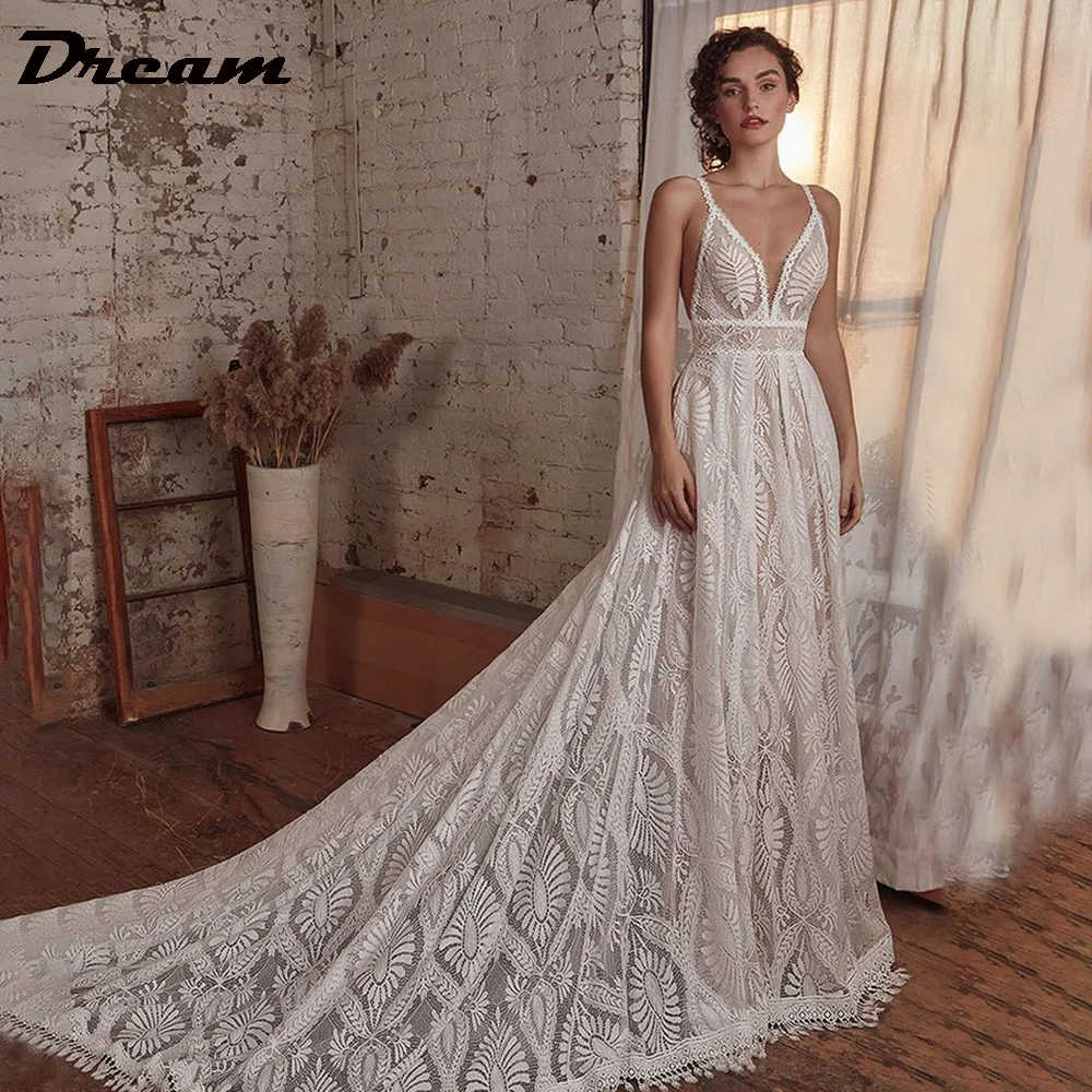 DREAM Spaghetti Straps Lace Wedding Dress With Detachable Long Sleeve Backless V Neck A Line Bridal Gown Sweep Train