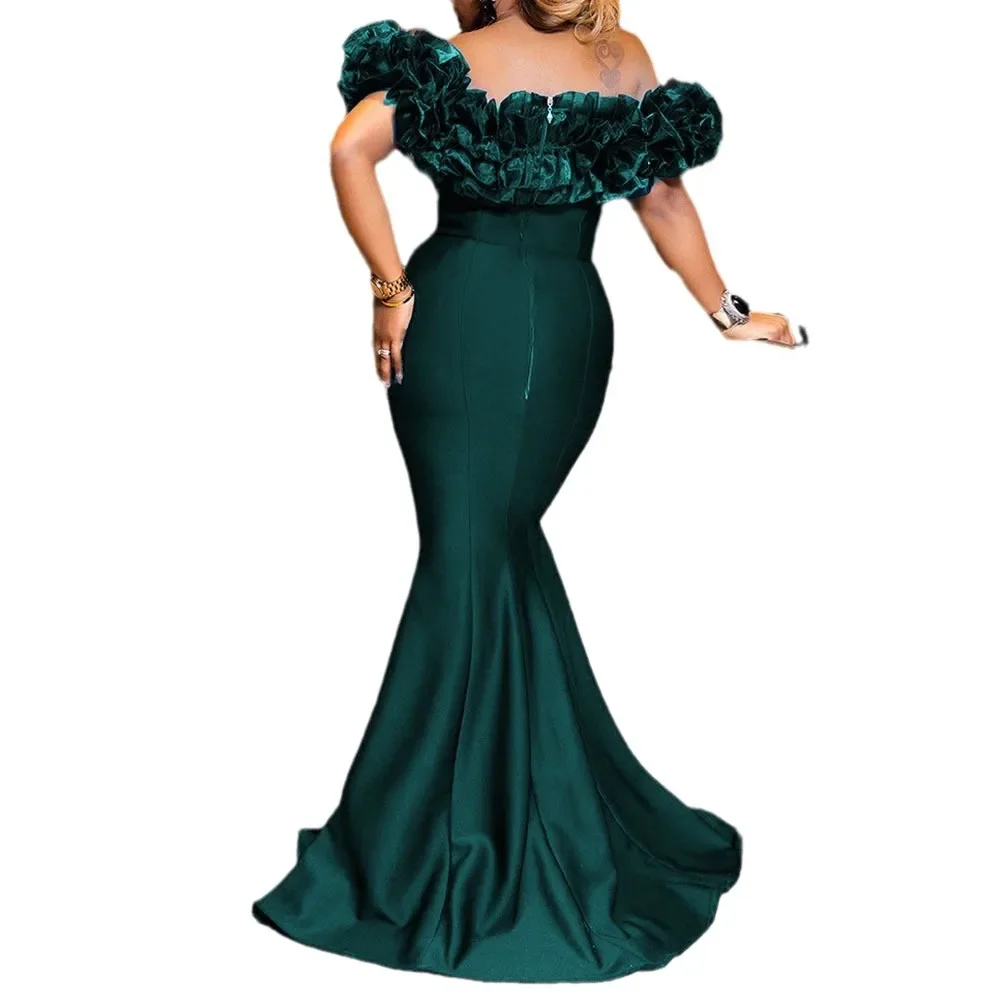 2024 new autumn mesh rubber fabric women's off-shoulder dress slimming European American style paper pattern silhouette