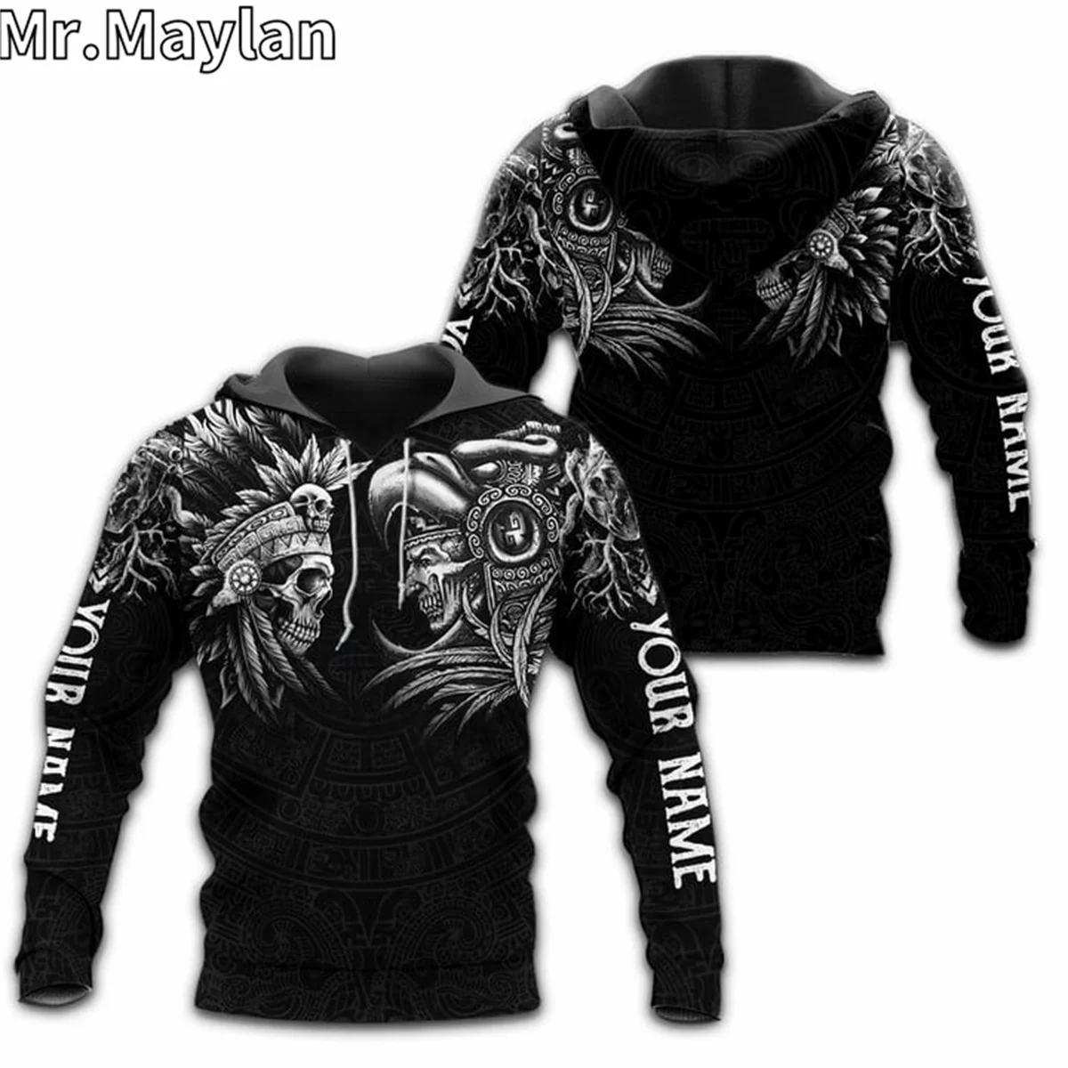 Aztec Mexico Warriors Skull Tattoo Nome Personalizzato 3D Unisex Felpa Con Cappuccio Da Uomo Felpa Streetwear Zip Pullover Giacca Casual Tute