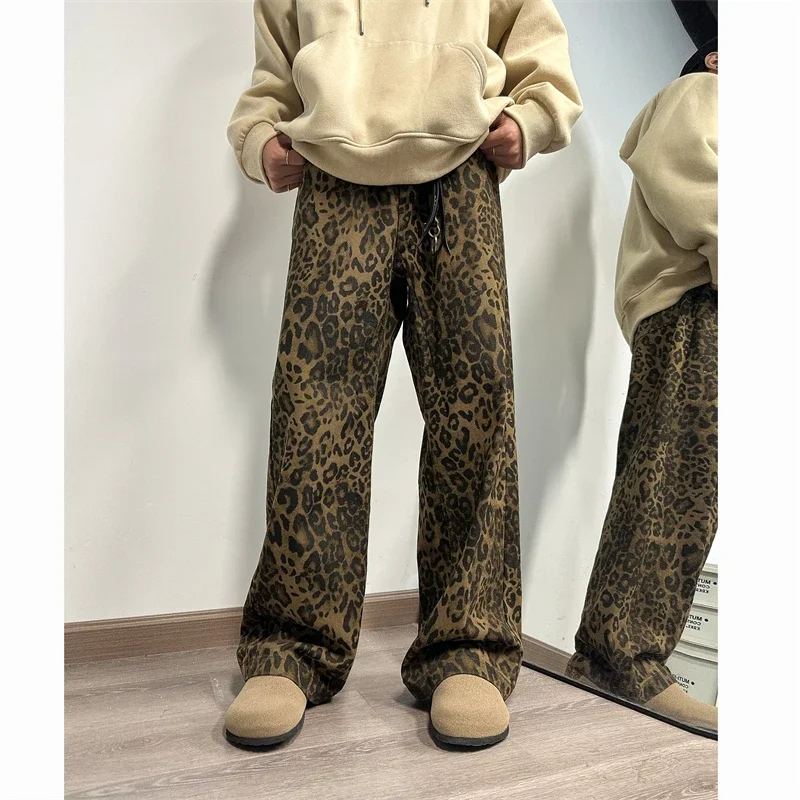 Leopard print denim men design sense American hiphop high street pantsVibe trendy brand versatile straight leg micro flared pant