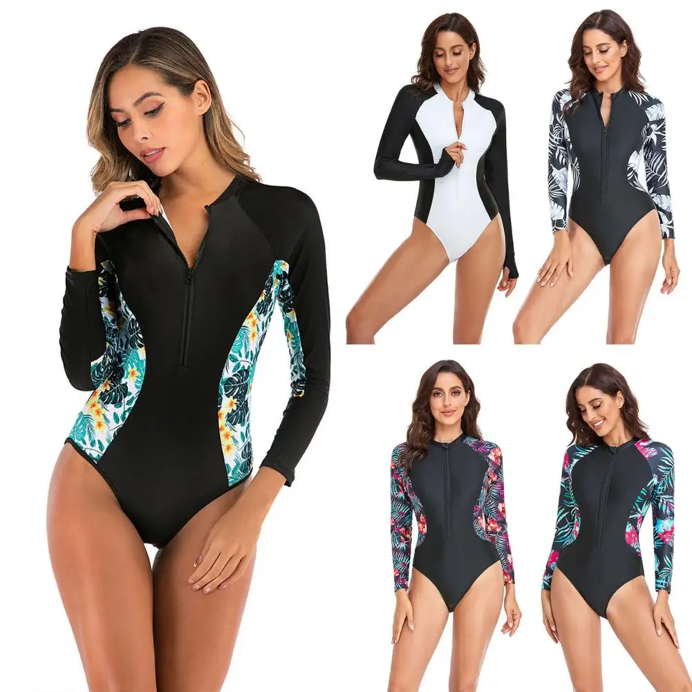 

Women Surfing Monokini Zipper Closure Round Neck Quick-drying Conservative Vintage Floral Print Swimming Tight Breathable Summer