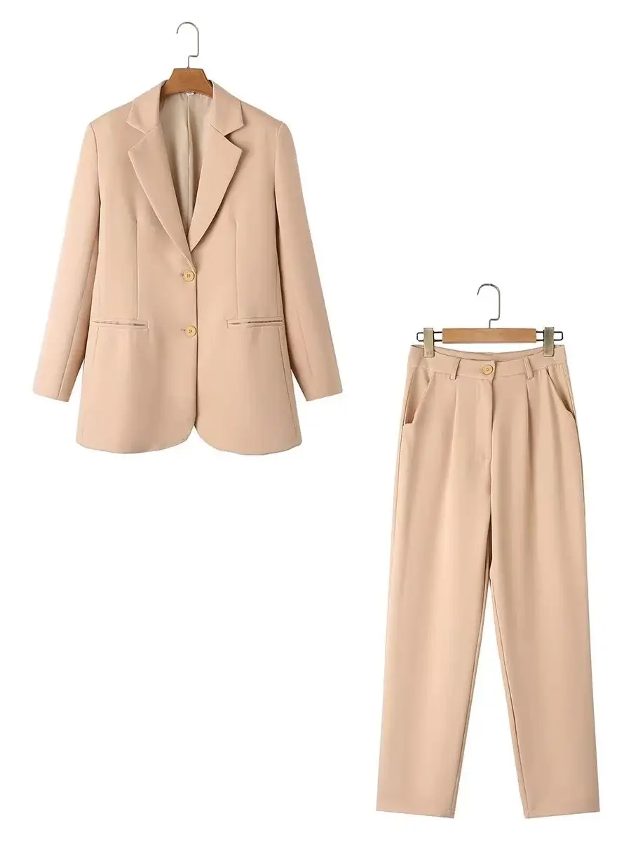 

XNWMNZ Women's Fashion 2023 Lapel Collar Long Sleeve Blazer or High Waist Zipper Pants Office Lady Chic Female Two Piece Set