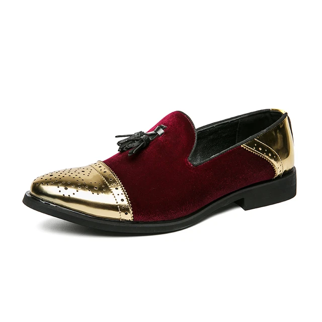 Men's Red Velvet Slip on Gold Buckle Dress Shoes Loafers 