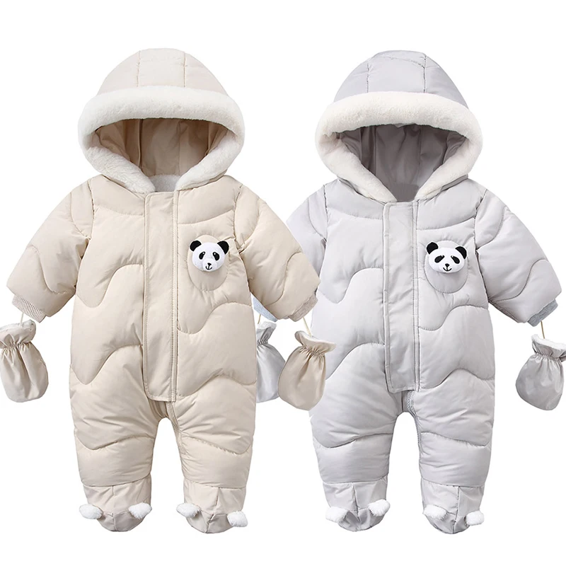 Baby Jumpsuit Winter Newborn Baby Romper Warm Panda Boy Jumpsuit Gloves Cotton Plus Velvet Infant Clothing 0-18M