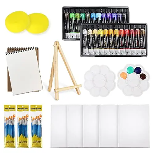 Acrylic Painting Kit with 24 Colors, 30 Brushes, 5 Canvases, 1 Pad, 2 Palette, 2 Sponge & 1 Wood Easel for Beginners Kids Adults pebeo 3d fabric paint phosphor acrylic paint set for painting textile clothing glass ceramic graffiti wood art for kids adults