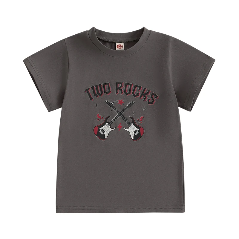 Toddler Boy Birthday T-Shirt Guitar Letter Print Short Sleeve Round Neck Graphic Tops