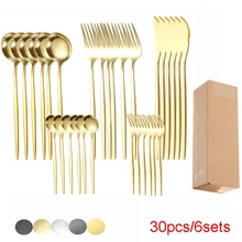 30Pcs Gold Cutlery Set Stainless Steel Western Golden Cutlery Tableware Black Knives Fork Spoon Set Teaspoons For Kitchen Home