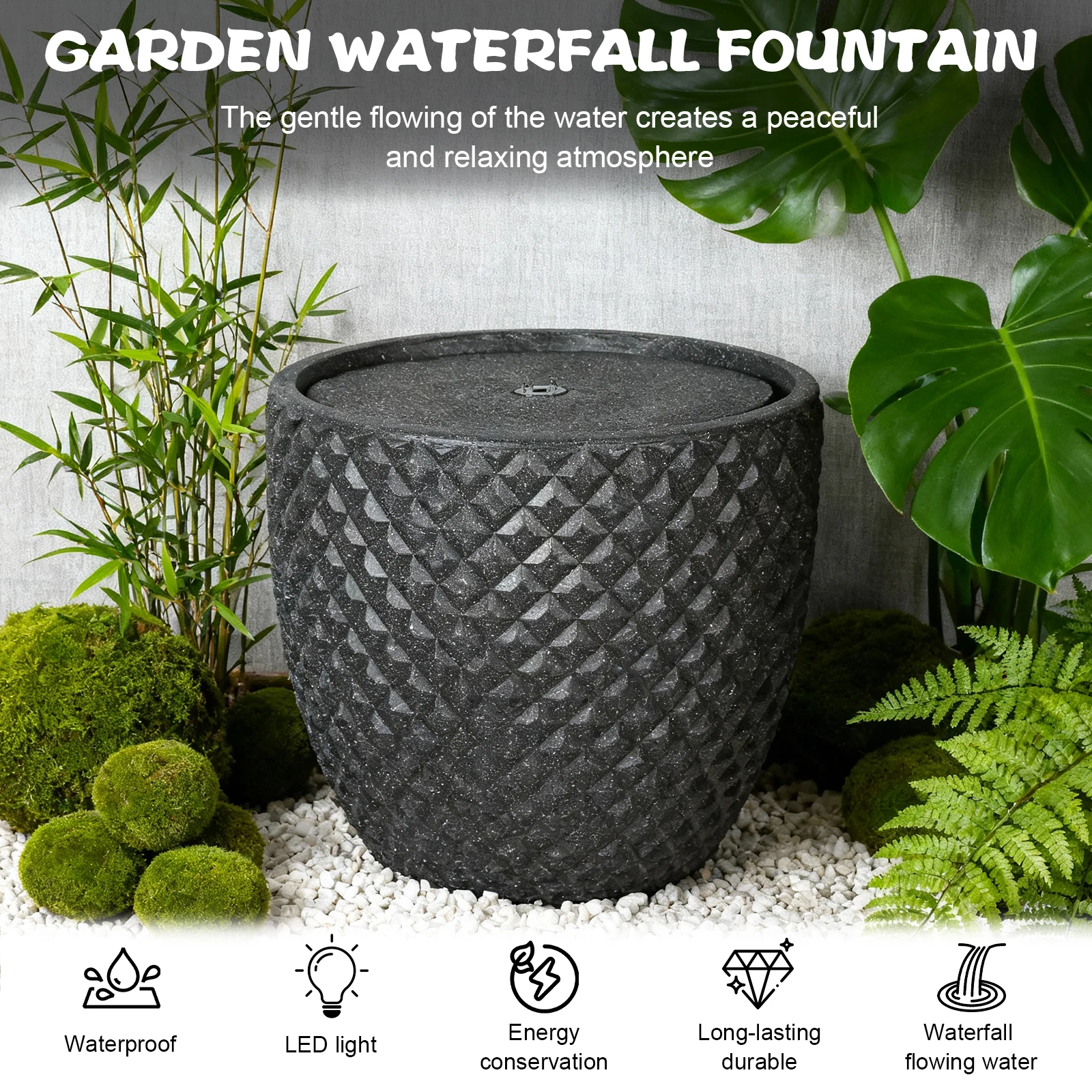 13 Inch High Solar Water Fountain Outdoor Freestanding Fountain Round Stone with LED Lights and Pump for Garden Patio Deck Porch