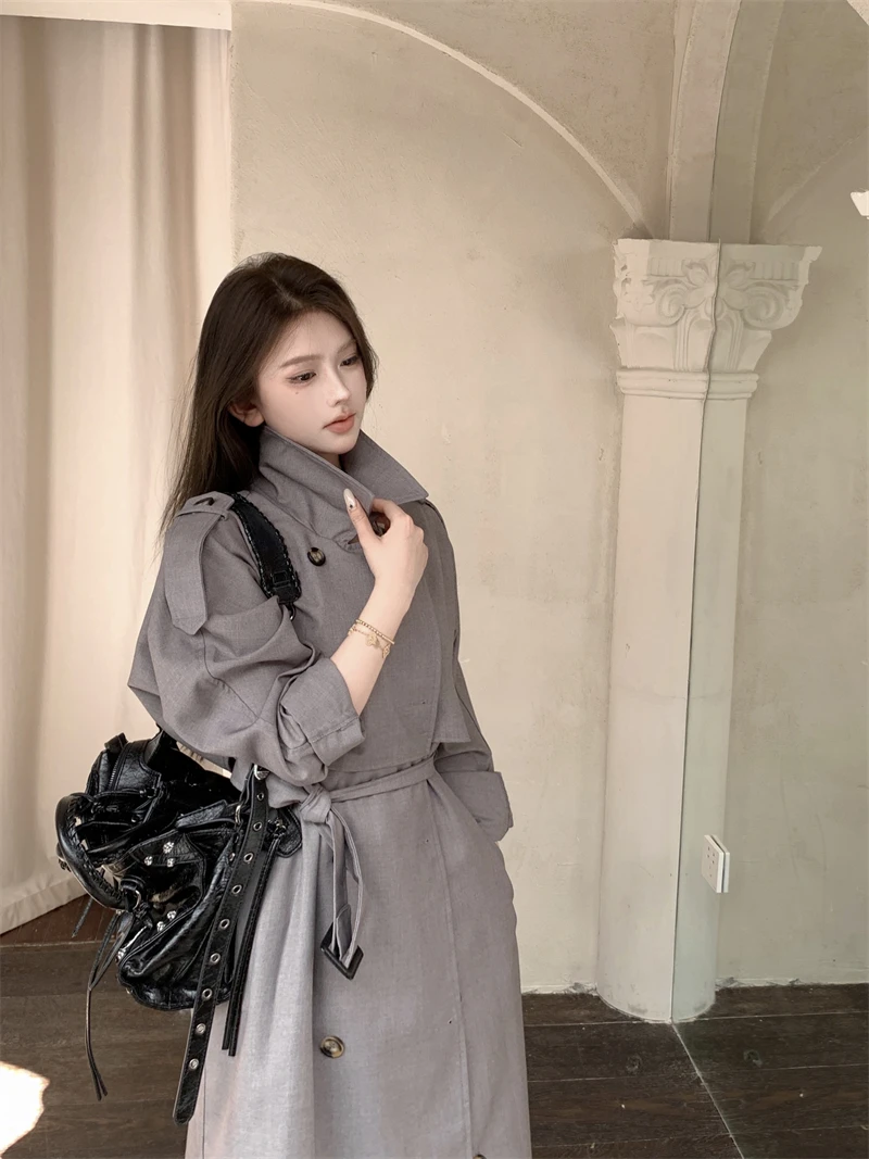 Grey Medium Length Trench Coat For Women's Winter New Belt Waist Tied British Long Coat Trench Women Knee Length Windbreak Coat