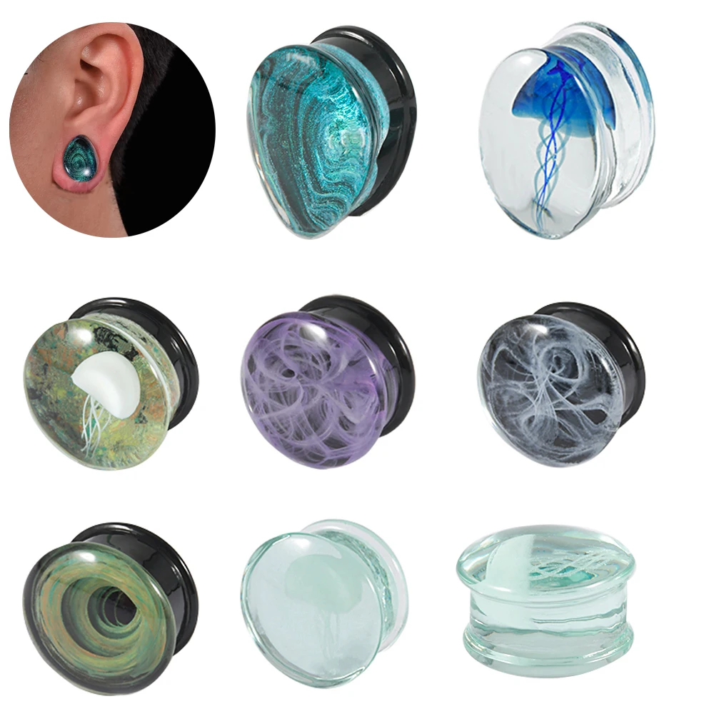 Ocean Jellyfish Glass Double Flared Ear Plugs / Tunnels - Blue Glass Stretching Jewelry For Gauged Ears