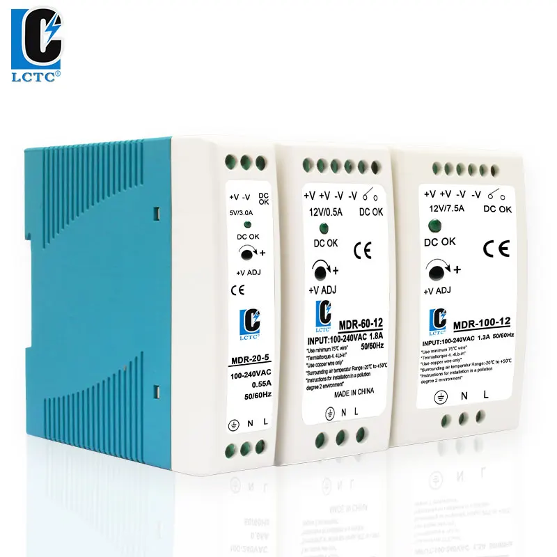 LCTC 스위칭 전원 공급 장치 MDR-20W, AC DC 단일 출력 스위치, DIN 레일 전원 공급 장치, 5V, 12V, 24V, 48V, 60W, 100W