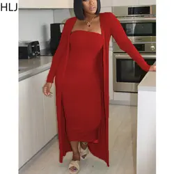 HLJ Casual Off Shoulder Bodycon Dress And Long Sleeve Cardigan Coats Women Solid Color Matching 2pcs Outfits Female Tracksuits