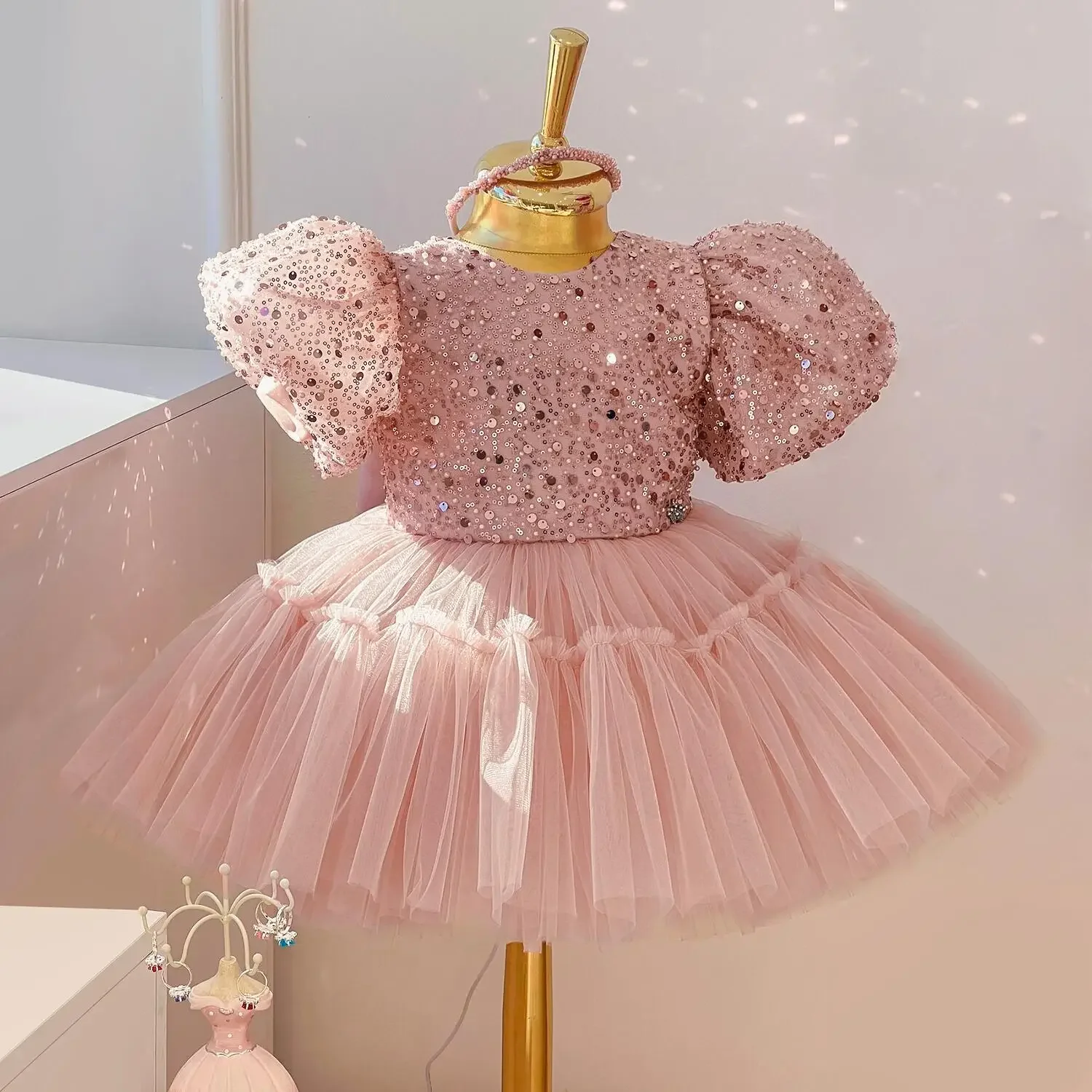 Baby Champagne Baptism Dress Cute Girl Sequin Puff Sleeve Fairy Ball Gown Newborn 1 Year Birthday Outfit Kids Formal Party Gown girls dress baby girl dress