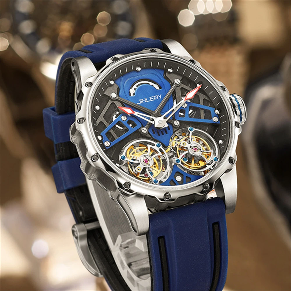 Jinlery New Double Flywheel Men Watches Fashion Casual Skeleton