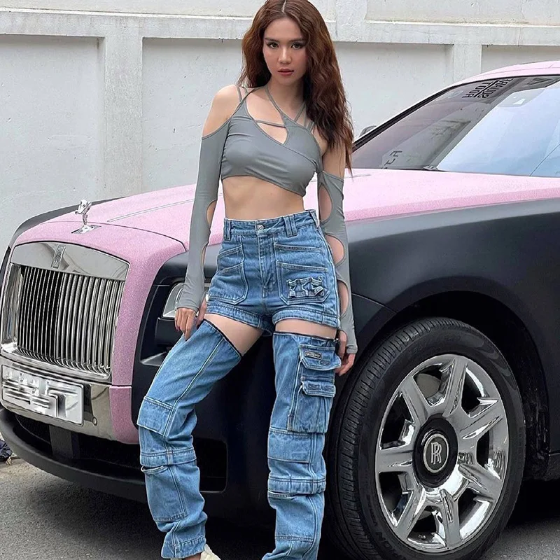 Europe and the United States y2k summer new women's solid color halter halter halter crop back sleeved blouse