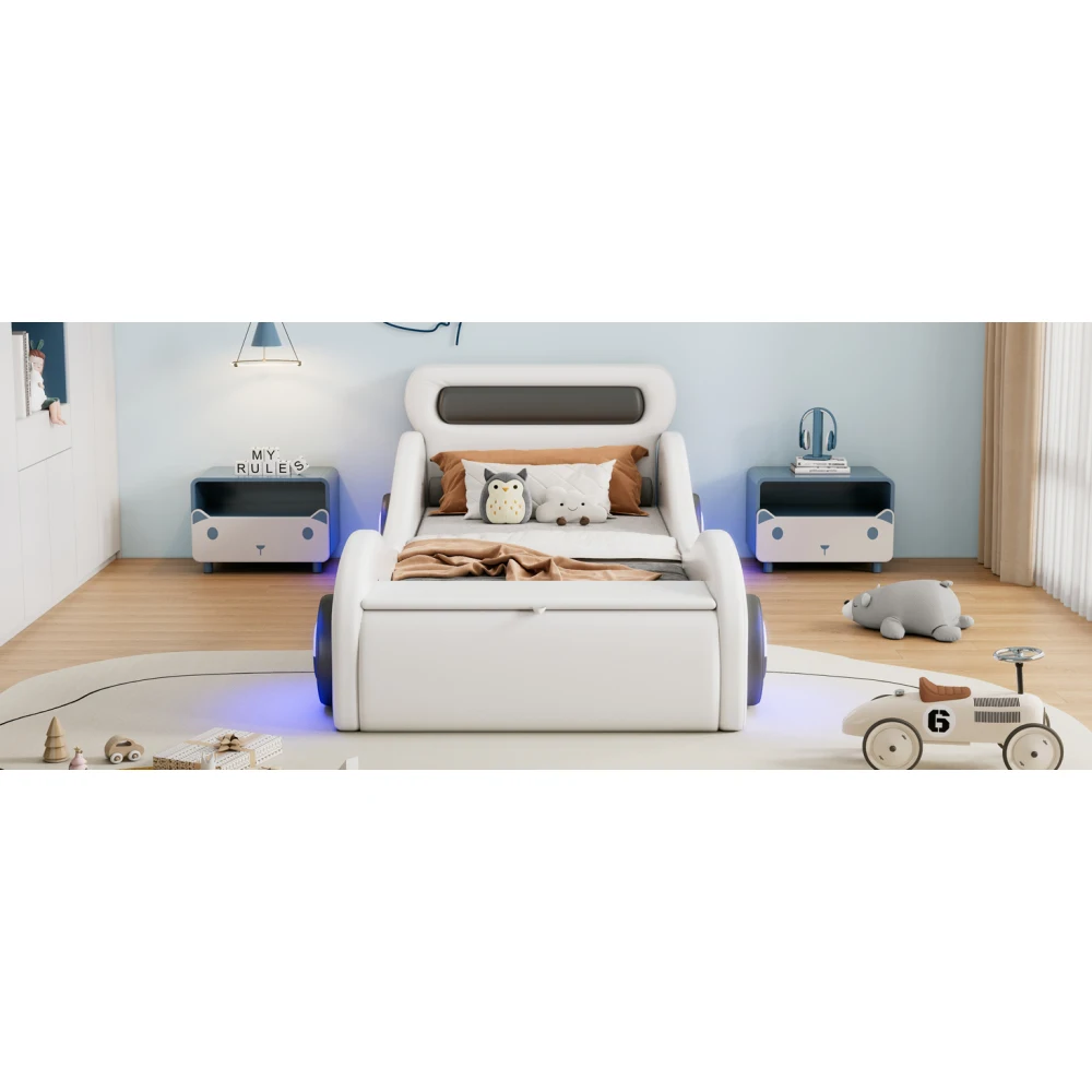 Gelbes PU-Leder-Autobett für Kinder, gepolstert, 90 x 200 cm, mit leuchtenden Rädern, Kinderbett für Jungen und Mädchen, Schlafzimmermöbel – Detail 40
