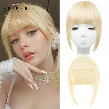 Honey Blonde 3D Blunt Cut Clip-In Bangs Human Hair Pieces  Natural Staight Hair Bangs Clips in Fringe Bangs Hairpiece for Women