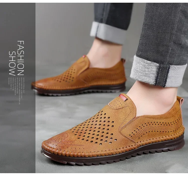 Herren-Lederschuhe, Freizeitschuhe, zum Hineinschlüpfen, weiches Leder, weiche Sohle, atmungsaktive Schuhe, modische, strukturierte, weiche Lederschuhe – Detail 12