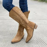Embroidered Western Cowboy Boots for Women Autumn Pointed Toe Thick Heel High Knee Boots Woman Loose PU Leather Long Botas Mujer - Image 2