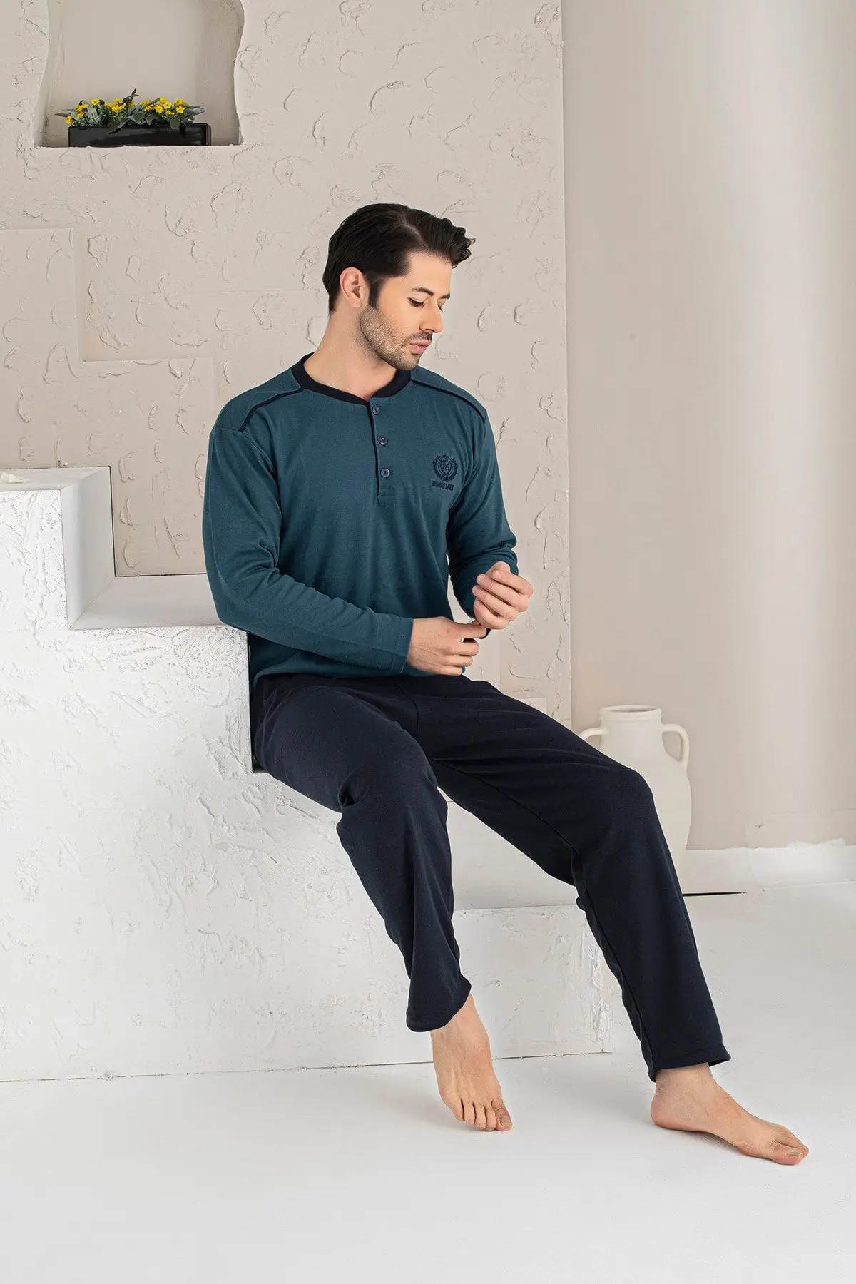 Men's Navy Blue M Emblem Long Sleeve Single Jersey Fabric Knitted Pajama Set