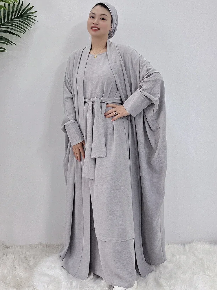 Two Piece Abaya Kimono Set Matching Muslim Abayas for Women Dubai Turkey Short Sleeve Inner Hijab Dress African Islamic Clothing
