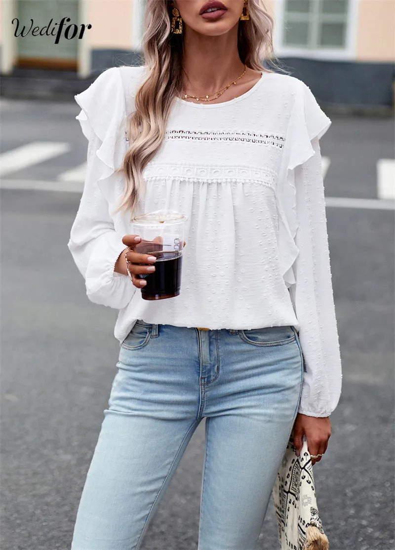 

Wedifor 2023 Осень-Зима Блузка с рукавом-бабочкой и круглым вырезом свободные женские рубашки модные однотонные элегантные женские топы