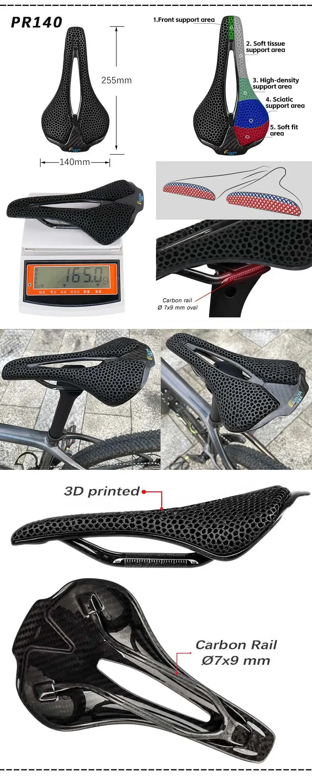 ELITAONE 3D-Gedruckter Ultraleichter Sattel, Carbon-Sattel mit Carbon-Schienen, MTB Carbon-Sattel 160g – Detail 13