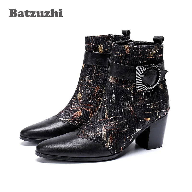 

Batzuzhi Luxury Boots Men 7cm High Heels Pointed Toe Party & Wedding Short Boots Men Botas Hombre Fashion Punk Botas, Big 38-46