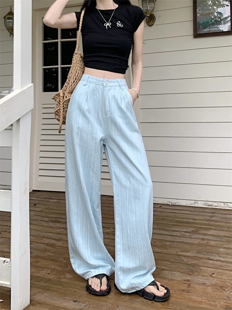 

Women's Light Blue Stripe Wide Leg Jeans Vintage Street Style Baggy Bottoms Young Girl Casual Trousers Female Pants
