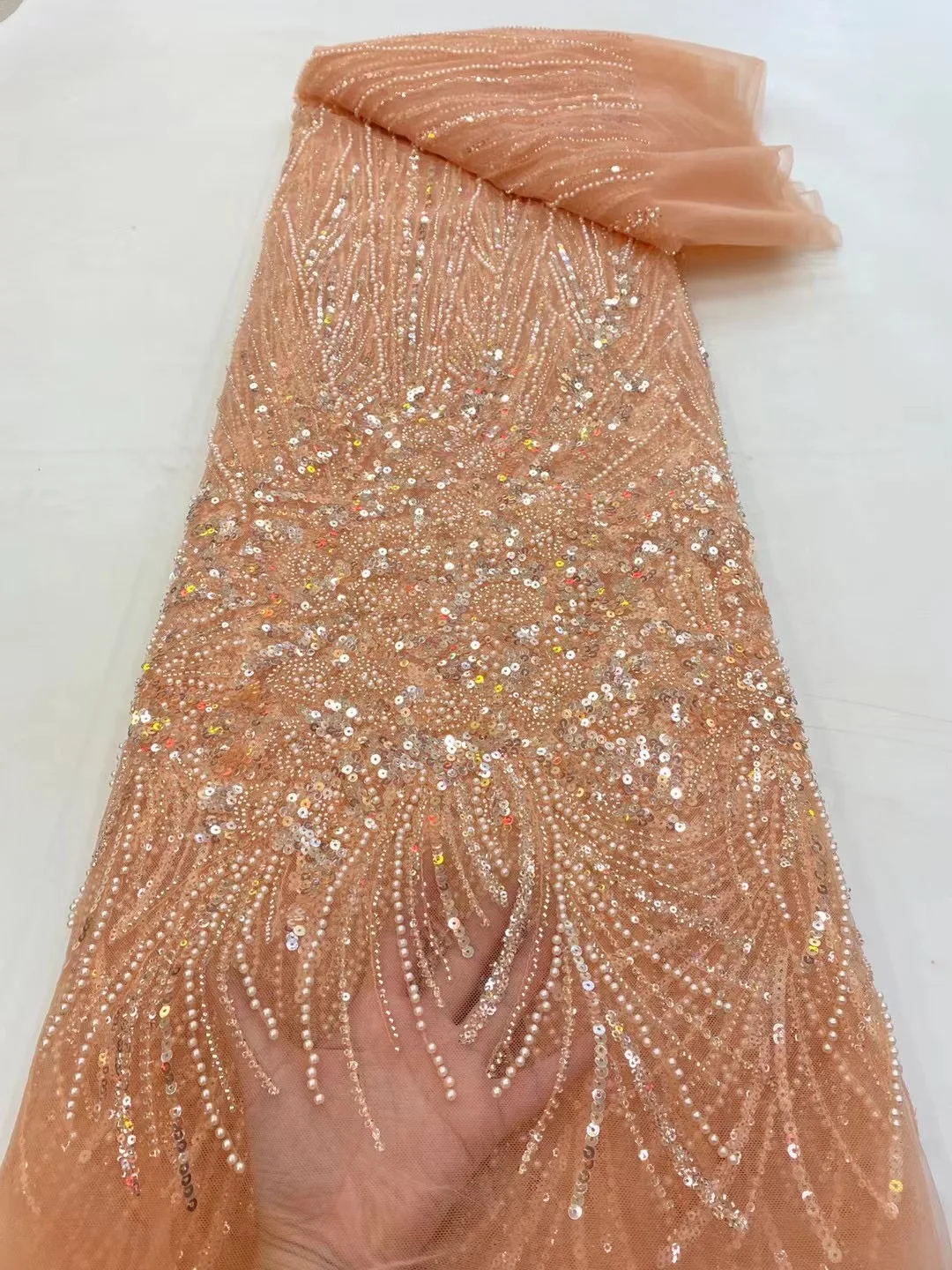 

(5yards/pc) High grade tube beads embroidered African wedding tulle lace fabric peach French net lace for gorgeous dress FRX103