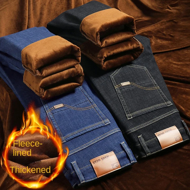 Men's Winter Fleece Warm Jeans Fashion Business Pants Vintage Classic Trousers Autumn Leisure Elastic Straight Work Jeans Men 3