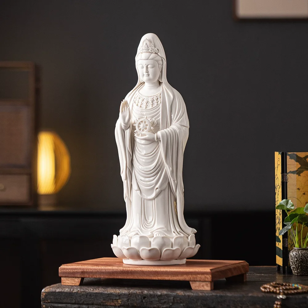 White Porcelain Guanyin Statue Standing Goddess of Mercy Bodhisattva Figure, Chinese Buddhist Altar Sculpture ，Zen Decor