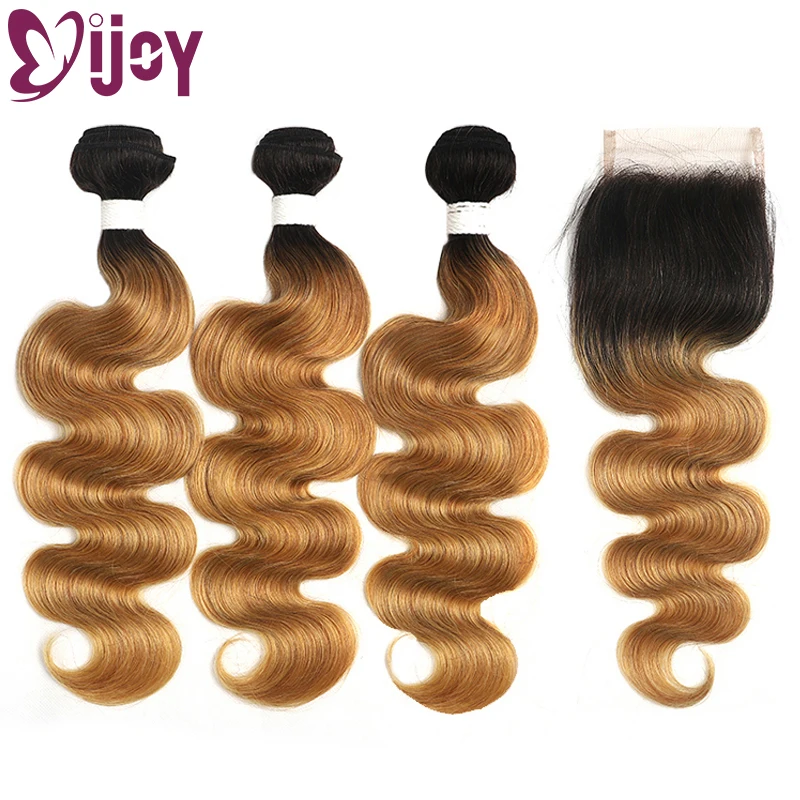 Body Wave Human Hair Bundles With Closure 3/4 Bundles With 4x4 Closure Ombre Honey Blonde Brazilian Remy Hair Bundles IJOY