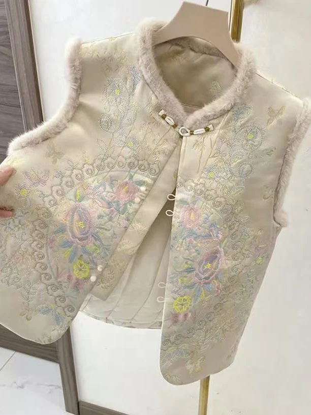 Autumn Winter Thicken Cotton Chinese Style Top Women Warm Qipao Vest Embroider Flower Sleeveless Jacket Hanfu Coat Costume