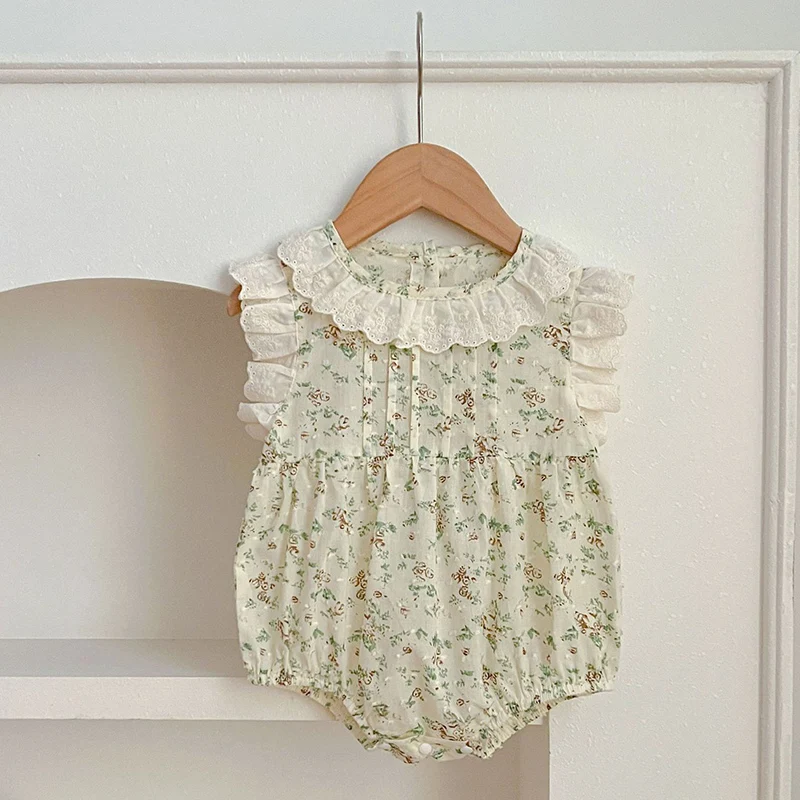 여름 Jumpsuit  소녀 Bodysuits 0-24M  소녀 Romper 레이스   Jumpsuit 귀여운 꽃 프린트 Ruffle Sunsuit 의상