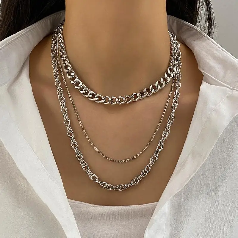 【Neu】Hip-Hop-Gothic-Halskette mit dicker Kette für Damen, mehrschichtig, aus Metall, für Mädchen, modisch, Party-Schmuck, Geschenk – Detail 1