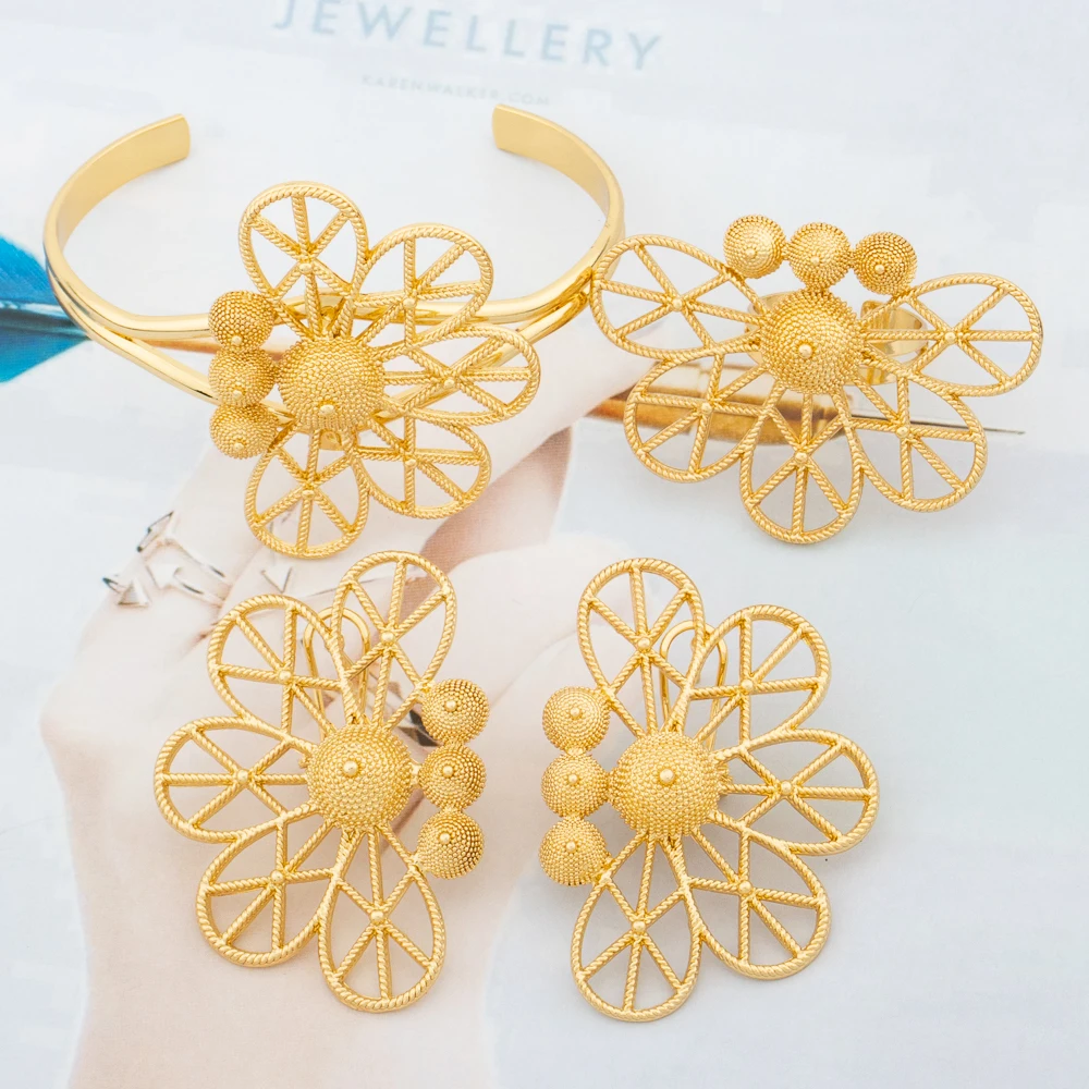 

African Gold Color Jewelry Set for Women Geometry Design Earrings and Ring Weddings Party Cuff Bracelet and Ring Set for Party