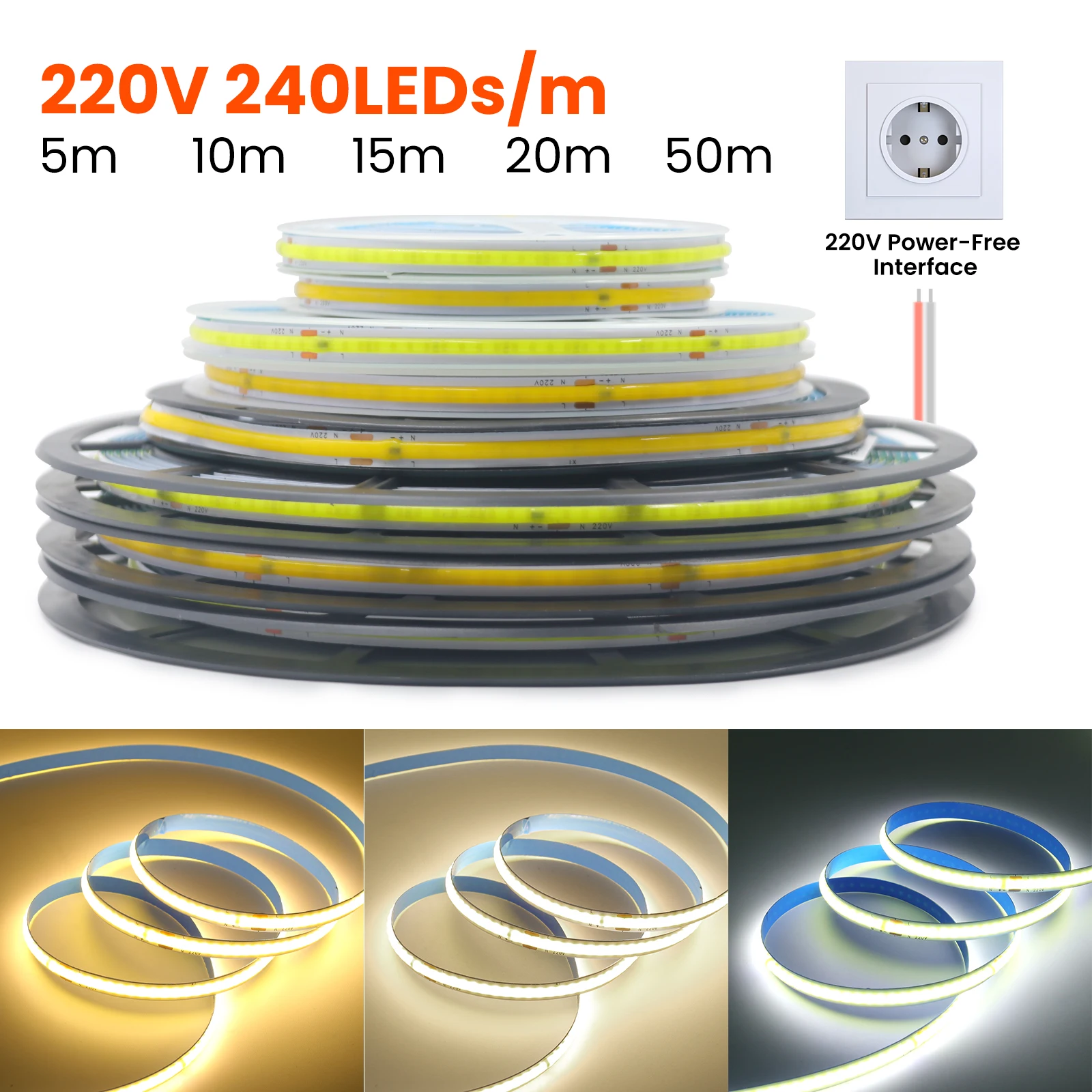 220 V, 5 m, 10 m, 15 m, 20 m, 50 m, COB-LED-Streifen, hohe Dichte, 8 mm PCB, 240 LEDs/m, weiß/warmweiß, schneidbares und flexibles Band-Licht – Detail 3