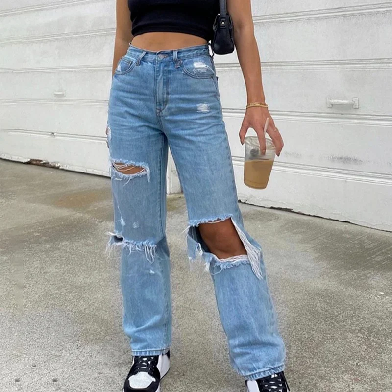 Women High Waist Fashion Stretch Loose Denim Pants 2021 Button High Waist Pocket Elastic Hole Jeans Lady Classic Ripped Trousers women fashion stretch denim pencil pants 2021 new blue contrast color high waist jeans street trendy ripped trousers pop