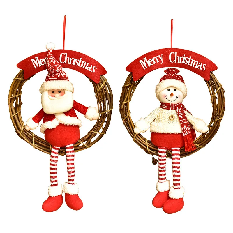 Christmas Red and White Snowman Old Man Rattan Circle Door Hanging Garland Scene Arrangement Old Man Elk Puppet Decoration