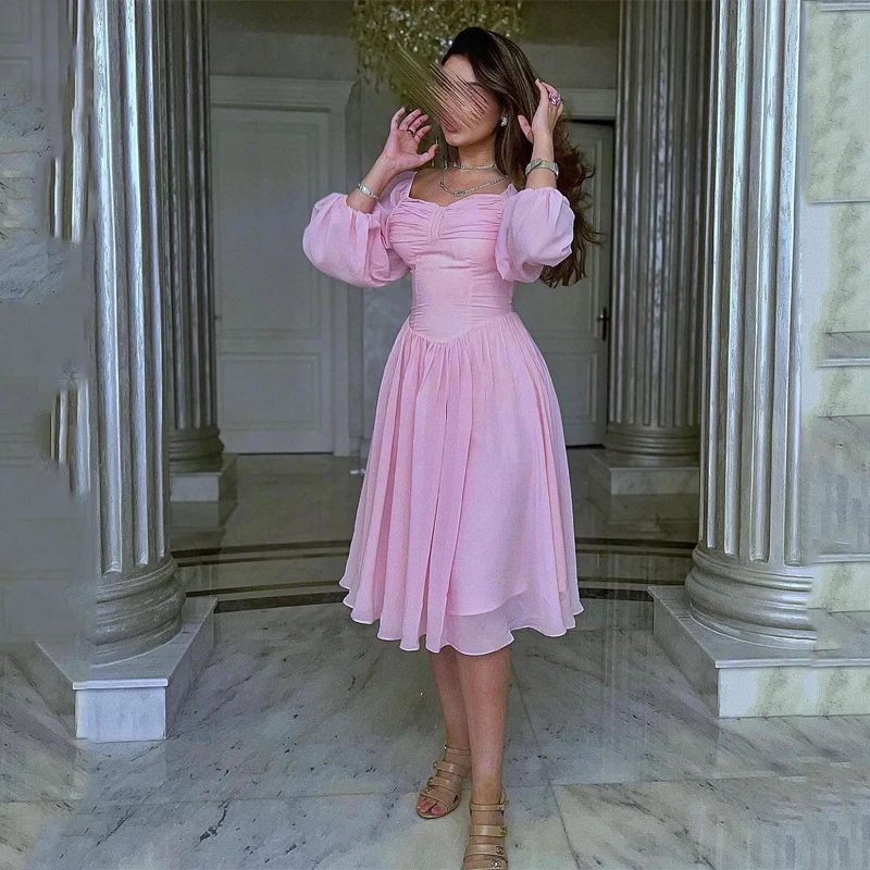

Pink Prom Dresses Puff Long Sleeves Wedding Party Dress Sweetheart Tea-Length Formal Women Evening Gownsفساتين السهرة