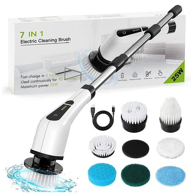 Brosse de nettoyage sans fil électrique 7 en 1, épurateur rotatif, poignée  d'extension, nettoyeur de vitres murales, baignoire, carrelage, outil de  nettoyage - AliExpress