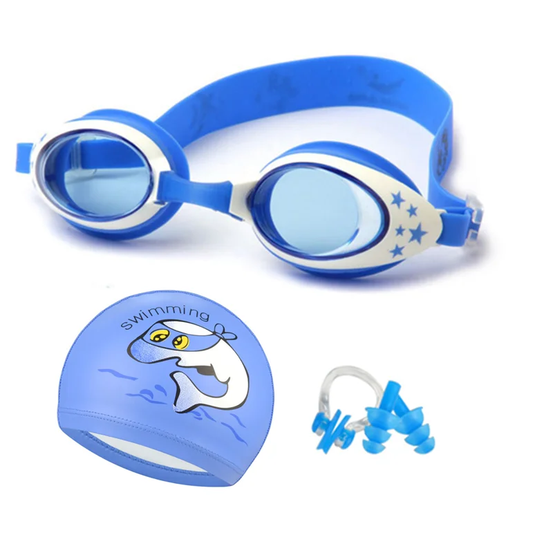 Kids Swimming Goggles Children 3-12Y Wide Vision Anti-Fog Anti-UV Swim Glasses Pool Eyewear with Ear Plugs Swim Cap set 2