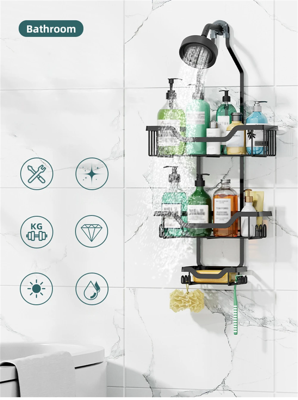 Description Picture 3 of itemWrought Iron Toilet Rain Head Hanger Bathroom Rack Shampoo Shower Gel Storage Rack Shower Room Storage Bathroom Accessories