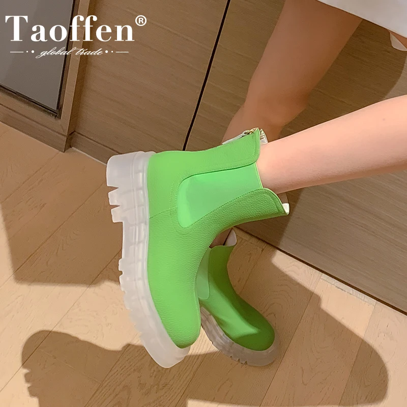 

Taoffen Size 34-43 Green Chelsea Boots Genuine Leather Thick Platform Ladies Flats Transparent Sole Shoes Fashion Ankle Boots