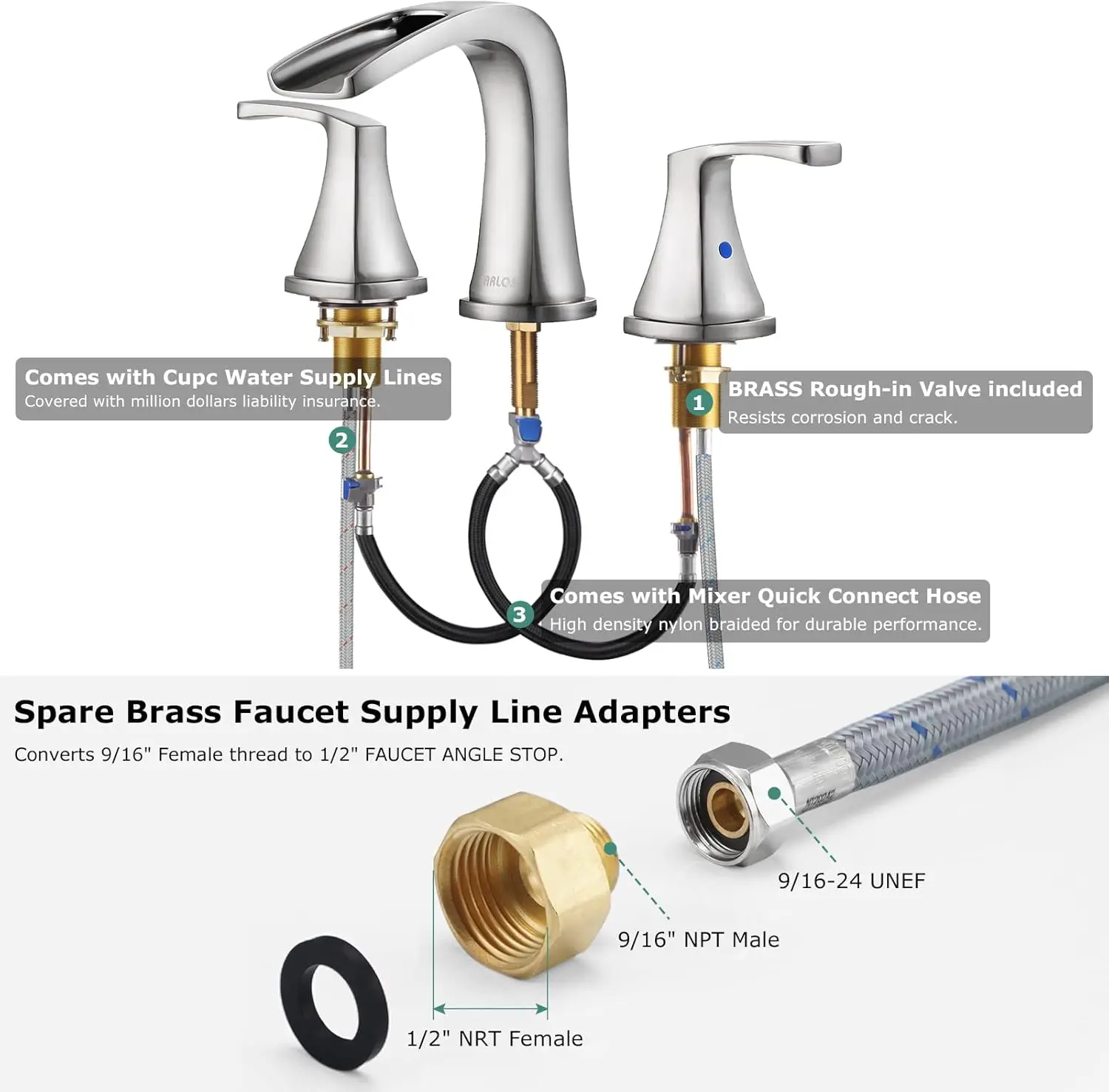 2-Handle Widespread Waterfall Roman Bathtub Faucet Tub Filler with Valve, Brushed Nickel, 1434202 3